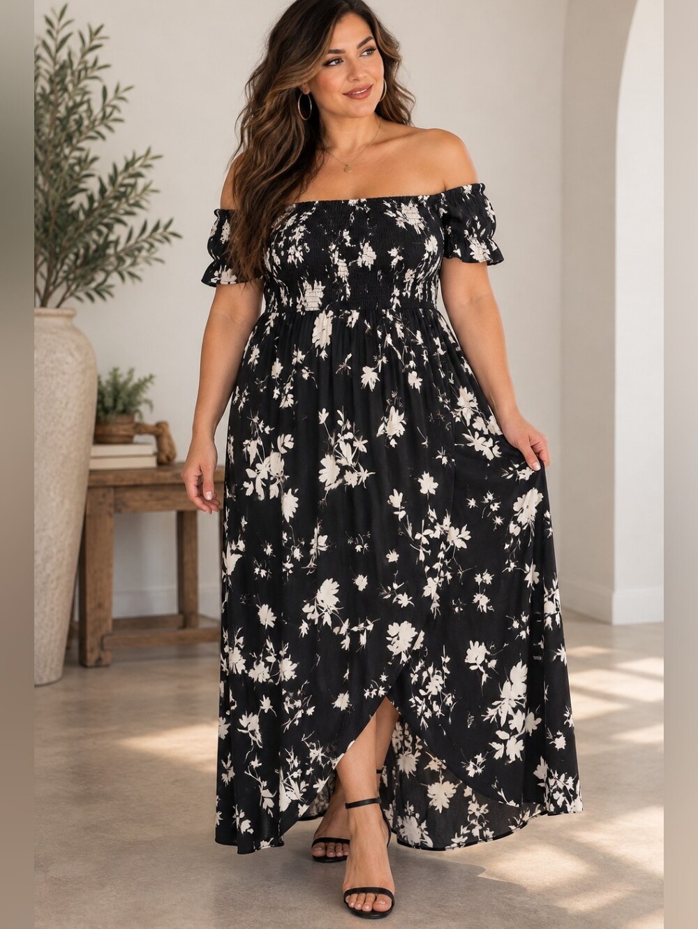 Torrid Black Floral Off Shoulder Tulip Hem Maxi Dress Size 1 NWT